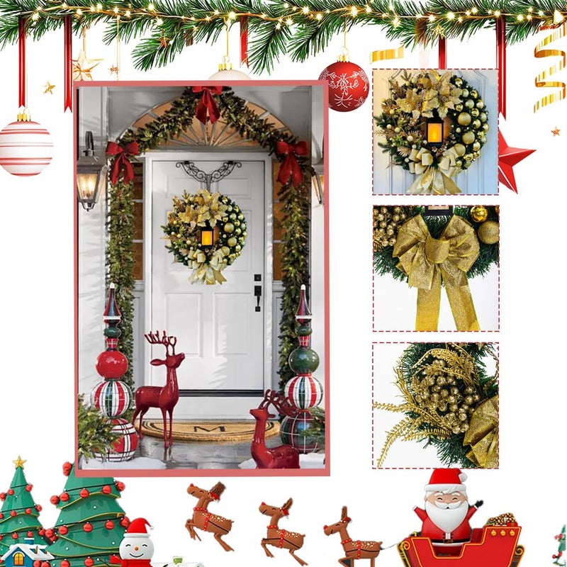 Pre-lit Christmas Wreath with Lights – 15.76" Pvc Door Crown With Red Florals, Led Flame-effect Lights & Bow, Battery-powered, Safe for Indoor/outdoor Use (Golden) - Image 5